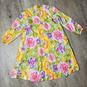 Vintage 60s 70s Mod Floral Puckered Quilted Button Front House Dress Size Small